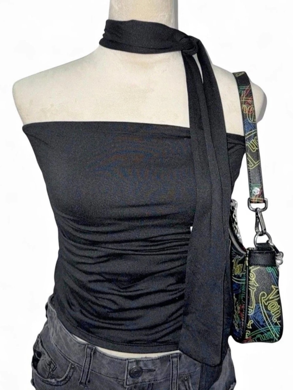 Black Ruched One-Shoulder Top large New